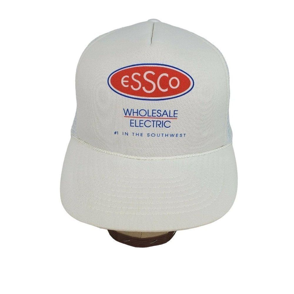 Vintage Essco Trucket Hat Cap Mesh Rope White Red Logo Snap Back